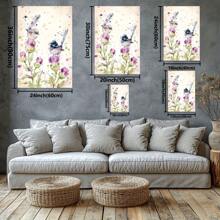 Two Birds On Flowers With Watercolor Effect Large Wooden Framed Wall Art Home Decor Canvas Painting- For Bedroom, Bathroom, Living Room, Office, Kitchen, Holiday Gift- 1pc