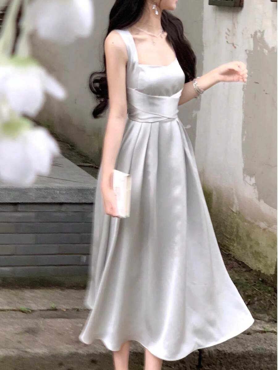 Elegant Solid A-Line Sleeveless Bridesmaid Dress France Party Graduation Midi Spring Summer - Violet Purple - View 1