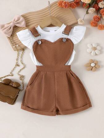 2 pièces/Set Tenue d'été pour tout-petites filles : Top casual manches courtes blanc + Salopette café