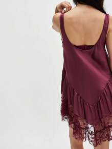Women's Summer Sleevelesss Dress Lace Patchwork Deep U-Neck Backless Mini Loose Dress - 酒紅色 - 查看 3