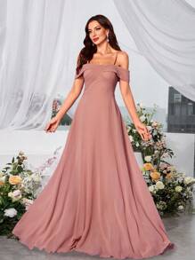 UNITHORSE One Shoulder Sleeveless Spraghetti Strapless Elegant Chiffon Maxi Bridesmaid Dress - Dusty Pink - View 5