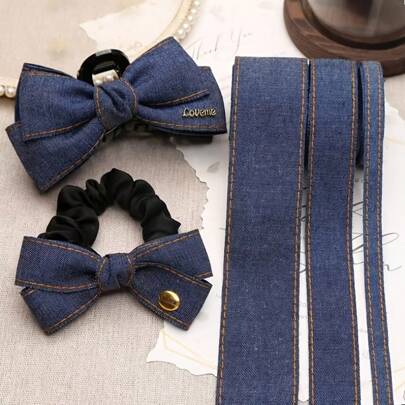 两米韩版优雅简约牛仔蓝手工DIY蝴蝶结发饰材料制作发夹