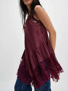 Women's Summer Sleevelesss Dress Lace Patchwork Deep U-Neck Backless Mini Loose Dress - 酒紅色 - 查看 2