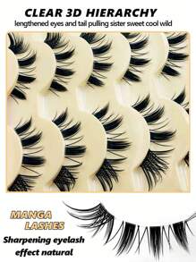 Asiteo 5 Pairs Cartoon Style False Eyelashes, Cat Eye Transparent Anime False Lashes, Spiky Anime False Lashes, Natural Makeup Effect, Look Like Clustered Cartoon False Lashes, Individual Pieces, Cosplay Lightweight Strip Lashes - 眼尾拉長款 - 查看 2
