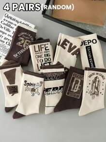 4 pares de calcetines de hombre versátiles de otoño e invierno con estilo retro americano, con un patrón de letra para una comodidad y simplicidad, con un acabado exquisito y vitalidad.