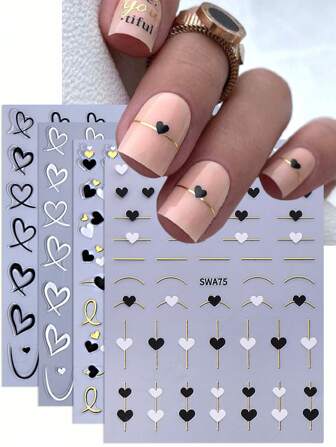 3D Sweet Heart Nail Stickers 4pcs Black White Gold Metallic Hollow Heart Shape French Lines Love Letter Design DIY Valentines Romantic Holographic Wedding Self-Adhesive Gel Polish Decals Sliders Nail Art Decoration Salon Manicure Nails