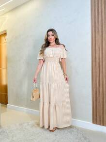 AMY FASHION LONG STRIPED DRESS DECIDO DUNA WITH LINING FASHION 2025 - Beige - View 1