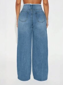 Women's Loose-Fit Flattering Wide-Leg Denim Jeans With Distinctive Raw-Edge Waistband For Spring/Fall Casual Fashionable Design - 中等水洗藍 - 查看 3