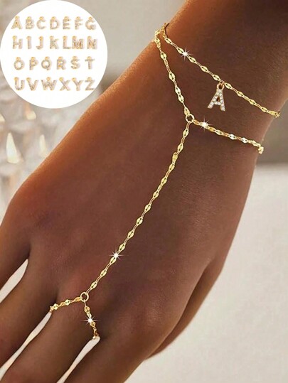 2pcs Gold Color Full Finger Ring Chain Bracelet & Initial Letter Chain Bracelet, Jewelry Gift, Gilded Initial Bracelet, Elegant Gold Bracelet, Initial Bracelet, Fashionable Jewelry Suitable For Women's Daily Wear