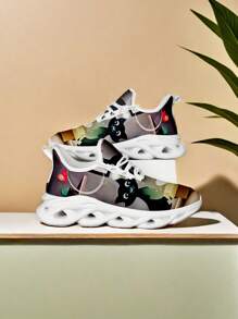 Zapatillas de hombre de malla transpirable y ligera de tejido de punto con cierre de cordones y punta redonda, con estampado de flores de cerezo, versátiles para correr, senderismo, exteriores, adecuadas tanto para hombres como para mujeres, suela de goma