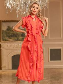 Elegant Pleated Ruffled Long Dress, Summer Dress, V-Neck Ruffled Waist Slimming A-Line Pleated Dress, Wedding Dress - Orange - View 4