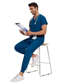 Conjunto de pijama médico para hombres con parte superior de manga corta multicolor + pantalón tipo jogger, uniforme de enfermería, veterinaria y trabajo