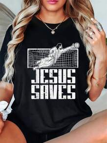100% Cotton Casual Tshirt Jesus Saves Soccer Football Christian Goalie Goalkeeper T-Shirt - Black - View 1