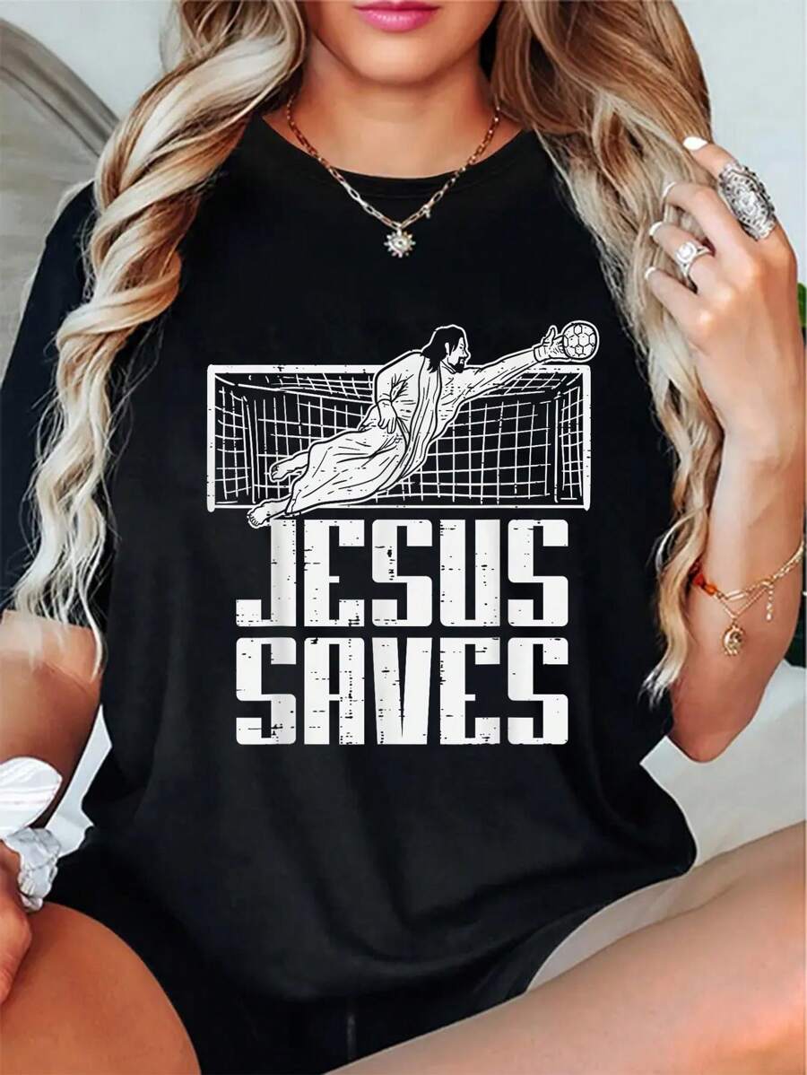 100% Cotton Casual Tshirt Jesus Saves Soccer Football Christian Goalie Goalkeeper T-Shirt - Black - View 1
