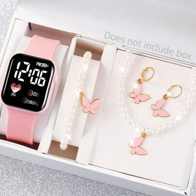 5件套心形数字显示电子手表，送给女学生的可爱礼物