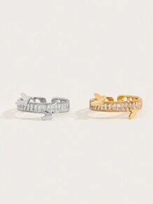 1 件 18K 镀金华丽风格不锈钢蝴蝶元素方晶锆石戒指女士珠宝婚礼派对约会礼物