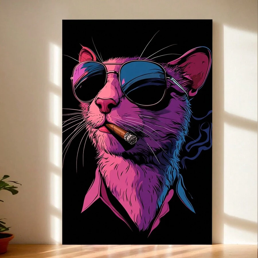 Pink Cat Hanging Painting, Minimalist Art Decor, Perfect For Bedroom And Dining Room Walls - 帆布畫 - 查看 1