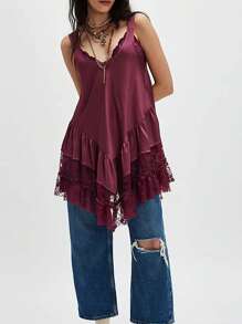Women's Summer Sleevelesss Dress Lace Patchwork Deep U-Neck Backless Mini Loose Dress - 酒紅色 - 查看 4