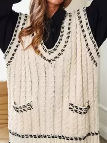 Pull sans manches en maille col V pour femmes, design twist bicolore, décontracté et confortable, printemps/automne - Beige - Voir 1