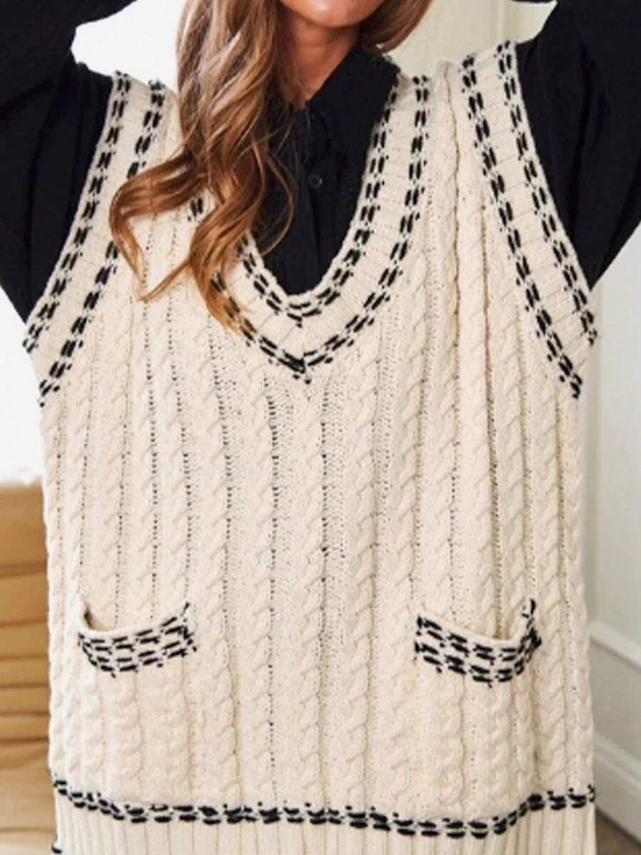 Pull sans manches en maille col V pour femmes, design twist bicolore, décontracté et confortable, printemps/automne - Beige - Voir 1