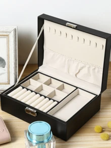 1 件带锁双层珠宝收纳盒，PU 皮革耳环戒指收纳盒，珠宝礼品盒，西式，适用于项链、耳环、手镯、手表、生日、新娘和其他珠宝礼品盒，送给女士的礼物送给男士的礼物珠宝盒珠宝架珠宝收纳盒适用于戒指、耳环、手镯珠宝配件珠宝收纳袋生日礼物妈妈礼物