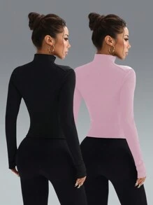 FWH Bộ đồ thể thao nữ ôm sát, chạy bộ, có khóa kéo, co giãn, thoải mái, mềm mại, tối giản, thanh lịch - Phối màu hấp dẫn, tương phản màu sắc, phù hợp cho chạy bộ và dạo phố, áo khoác yoga tay dài ôm sát thời trang gợi cảm, bộ 2 món. - Nhiều màu - Xem 2