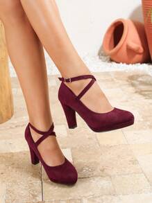 Women's Burgundy Crossover Strap Round Toe Chunky Heel Platform Pumps, Elegant Formal Office Dress Shoes