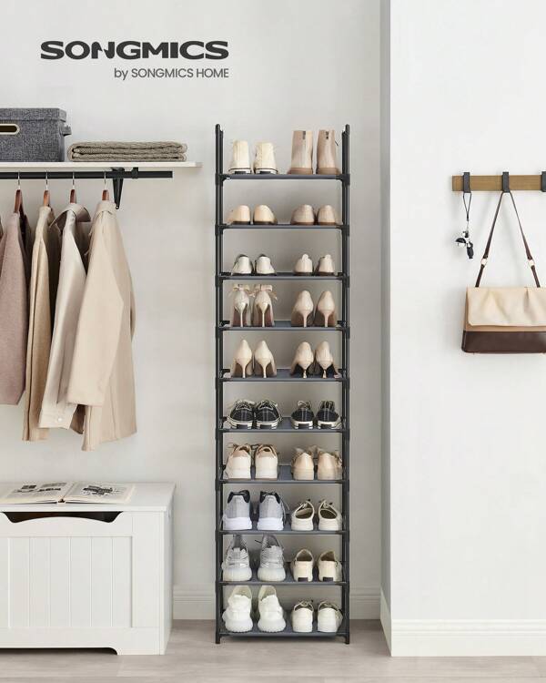 SONGMICS 10-Tier Shoe Rack, Shoe Stand, Space-Saving Shoe Storage, 45 X 28 X 173 Cm, Metal Frame, Non-Woven Fabric Shelves, For Hallway, Bedroom, Grey