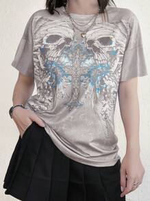 Women's Retro Street-Style Y2K Skull Print Gothic Short Sleeve T-Shirt, Aesthetic Harajuku Tee - Dusty Purple - View 3