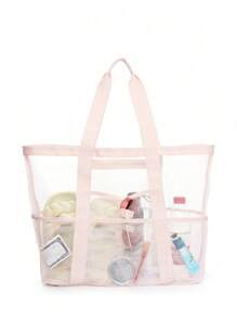 Bolsa de playa de malla de poliéster hueca de gran capacidad, bolsa de lavado para viajes, bolsa de almacenamiento para natación, bolsa de playa minimalista de malla. Regalo del Día de la Madre para mamá, perfecto para vacaciones en la playa, compras y artículos esenciales para vacaciones.