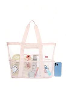 Bolsa de playa de malla de poliéster hueca de gran capacidad, bolsa de lavado para viajes, bolsa de almacenamiento para natación, bolsa de playa minimalista de malla. Regalo del Día de la Madre para mamá, perfecto para vacaciones en la playa, compras y artículos esenciales para vacaciones.