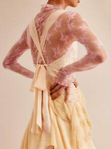 Women Long Sleeve T-Shirts Mesh See-Through Mock Neck Lace Shirts Spring Fall Slim Fit Tops Streetwear S-XL - 粉色 - 查看 3