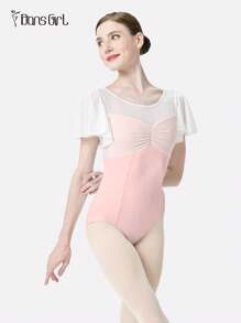 DonsGirl 一件装女士芭蕾舞紧身衣 - 浪漫仙女荷叶边袖子和网纱拼接连体衣，适合空中瑜伽、花样滑冰和表演服装 - 淺粉色 - 查看 6