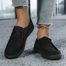 Women Canvas Flat Shoes - Casual Lace-Up Low-Top Fashion Sneakers, Lightweight, Suitable For All Seasons, Round Toe, TPR Rubber Sole - Black - View 4