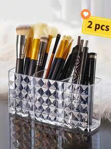 1/2pcs Diamond Pattern Acrylic Makeup Organizer - 3 Compartment Clear Makeup Brush Holder And Pen Cup, Suitable For Brushes, Lipsticks, And Pencils - Perfect For Bathroom, Bedroom Vanity, And Office Desk Home Bathroom Decor Bathroom Organizer Summer Makeup Organizer