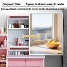 Tocador,Tocador de Maquillaje, Mesa de Maquillaje Moderna con 4 Cajones y Espejo Deslizante,Tocador para Recamara con 3 Estantes Abiertos Silla Incluida Rosa - Rosa - Ver 4