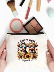 白色优雅高地牛主题化妆包卡通牛图案手提包及配套化妆包/零钱包，牛与向日葵图案，-轻盈无味的涤纶旅行洗漱包，高低牛配紫色花朵，适合自然爱好者和女性 - 彩色 - 查看 7