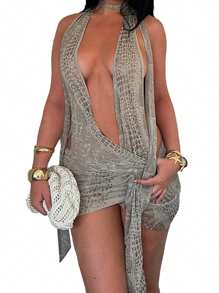 Women Lingerie Nightdress Snake Print Halter Bodycon Mini Short Sleepwear Tie-Up Dress - 灰色 - 查看 1