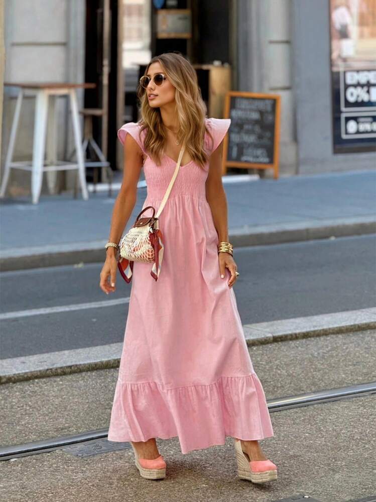 2026 Vestido maxi de verano/primavera para mujer de estilo casual elegante de calle, de lino con cuello en V, cintura plisada y volantes en el bajo, color rosa, vestido elegante, atuendo de San Valentín para mujer, ropa de Año Nuevo, vestido de verano para mujer, moda Y2K, ropa de vacaciones para mujer, ropa de playa, atuendos de cumpleaños para mujer, ropa de crucero para mujer, atuendos de primavera para mujer, ropa de fiesta para mujer - Rosa - Ver 2