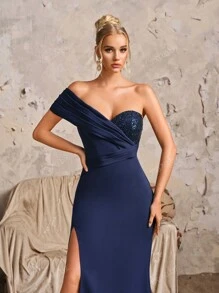 Abito da sera lungo in raso con spacco e inserti in paillettes di alta gamma, abito da cerimonia di lusso per sfilata, festa cocktail, abito da ospite di matrimonio