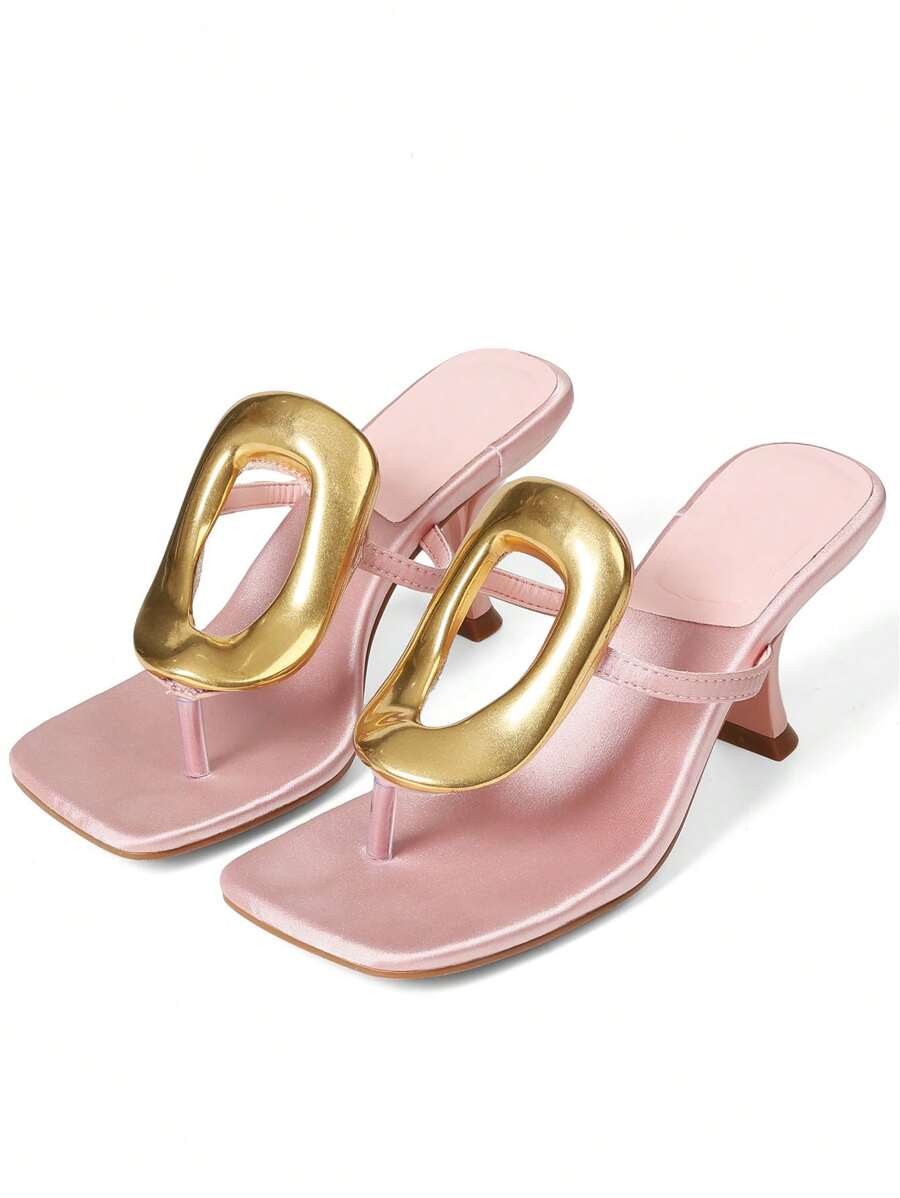 Metallic Women Flip Flops Sandals Kitten Heels Square Toe Colorful Metal Sexy Fashion Elegant Dress Summer Shoes - Hồng - Xem 1