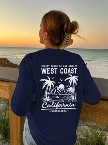 1 件女童休闲趣味椰子树印花圆领长袖 T 恤，宽松版型，学生装，2024 年秋冬