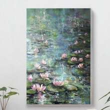 Monet-Inspired Water Lilies Canvas Art With Wooden Frame - International Style Wall Hanging Floral Theme Canvas For Home, Bar, Office Decor - English Language Decorative Plaque, Ideal Gift For Holidays, - Canvas Painting - View 3