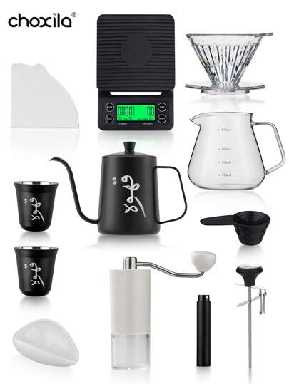 choxila Arabic Coffee Set, Size 02 Two-Cup Drip Coffee Kits, Travel Camping Coffee Accessories Tools, Festival Holiday Anniversary Coffee Gift Set For Family And Friends, Included 600ml Arabic Coffee Pot And 2pcs 160ml Coffee Cups With Thermometer, Glass Coffee Server And Shining Plastic Coffee Dripper, Digital Coffee Scale With Timer, Mannual Coffee Grinder, Coffee Filters, Coffee Scoop, Coffee Dosing Cup And Spray Bottle Back To School
