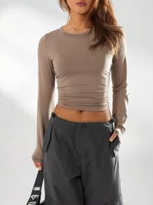 Womenacute;S Spring Autumn Slim Tops Solid Color Long Sleeve Round Neck Streetwear Blouse