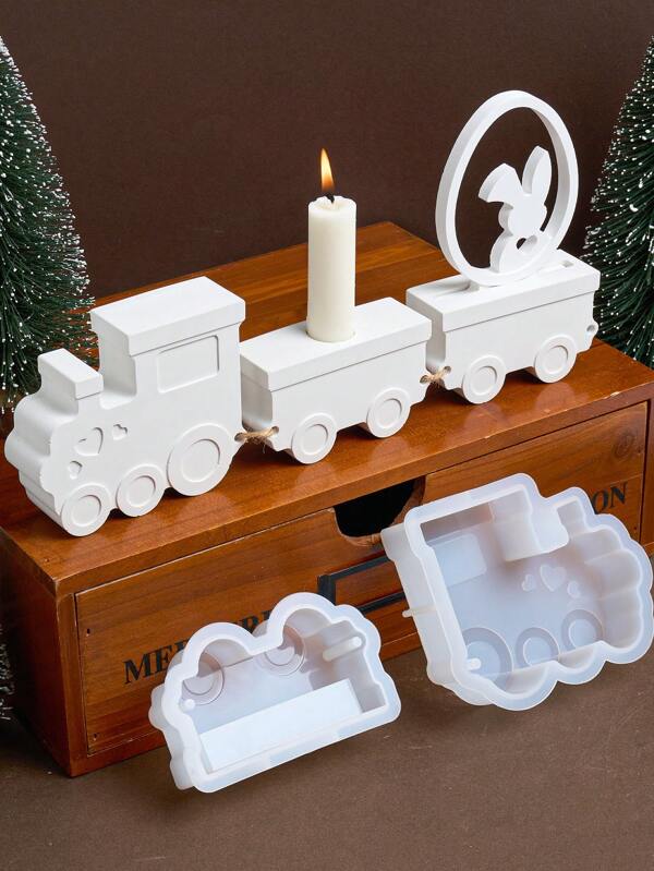1 个硅胶模具、火车车厢烛台、心形火车模具、火车插入支架、火车插入支架、DIY 石膏树脂工艺品制作、家居装饰