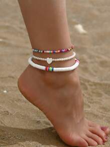 3pcs/Set Bohemian Style Fashion Versatile Random Color Soft Ceramic Glass Beaded Faux Pearl Heart Shape Anklet Set, Suitable For Daily Wear For Women