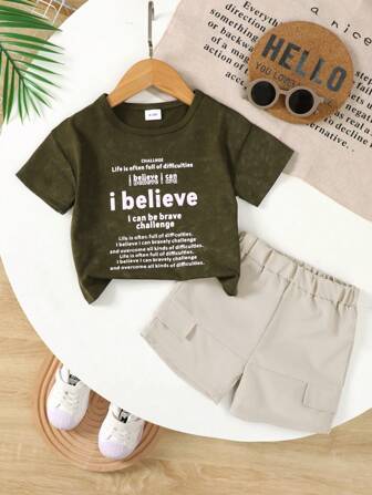 2 件套 新款夏季男宝宝字母印花圆领短袖 T 恤和松紧腰短裤套装