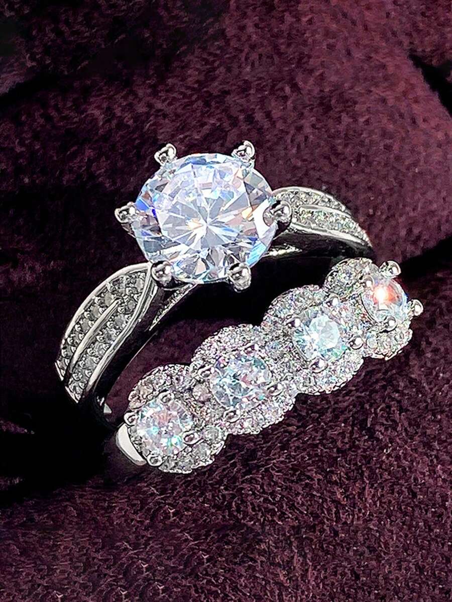 2件套S925和925纯银奢华闪亮戒指套装，优雅奢华女士派对戒指，精致珠宝礼物，周年纪念日、情人节送给女性的佳品