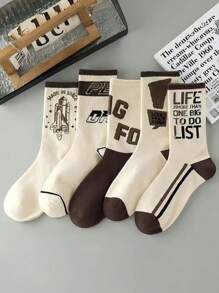 4 pares de calcetines de hombre versátiles de otoño e invierno con estilo retro americano, con un patrón de letra para una comodidad y simplicidad, con un acabado exquisito y vitalidad.
